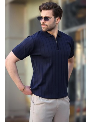 Madmext Lacivert Polo Yaka Fermuarlı Erkek T-Shirt E7298