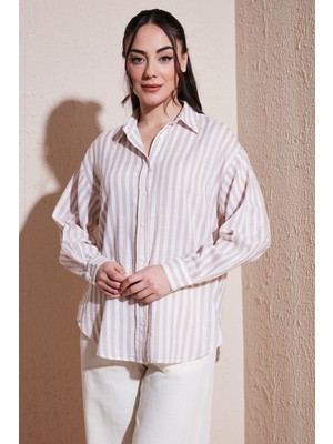 Fashion Friends Pamuk Karışımlı Regular Fit Çizgili Gömlek Bayan Gömlek 25Y0670K1