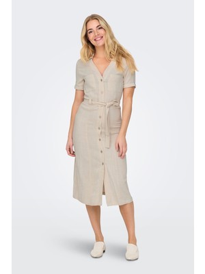 Only Onlsiesta Keten Karışımlı Regular Fit V Yaka Midi Boy Cepli Elbise Bayan Elbise 15347210