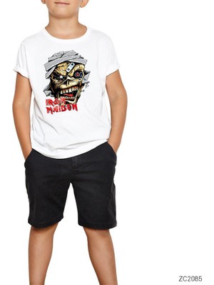 Iron Maiden Skull Cartoon Beyaz Çocuk Tişört