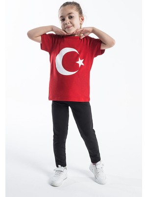 Trend Baby Kids Kız Çocuk Türk Bayraklı Kırmızı Tshirt Kısa Kol Penye %95 Pamuk 10 Yaş Bisiklet Yaka
