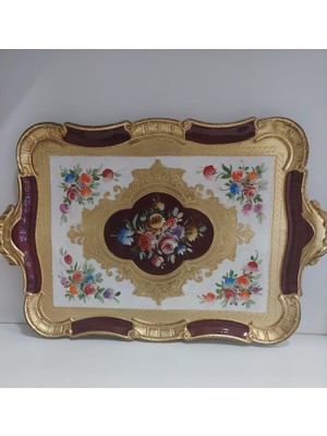 Floransa Sanat Wdn Dikdörtgen Tepsi 55X36CM Gold Leaf Bordo Italyan Gül Ağaç El Yapımı 1 Adet
