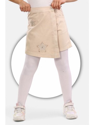 % 100 Pamuk-Yıldız Nakışlı-Taş Süslemeli-Yarım Lastikli-Kız Çocuğu-Etekli Şort