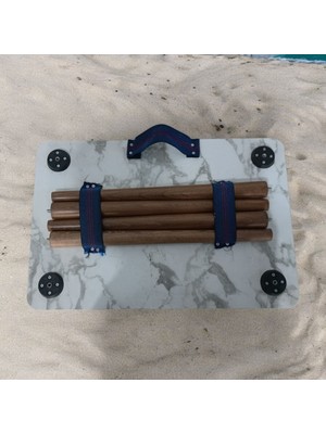 Portatif, Çok Amaçlı, Taşınabilir Kamp, Piknik, Seyehat Masası,-Mermer Desen- Ahşap Ayaklı