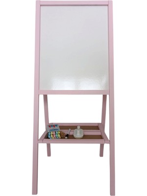 Açık Pemberenk Ayaklı Çift Taraflı Yazı Tahtası Silgi, Tahta Kalemi ve 15 Adet Renkli Tebeşir Hediye