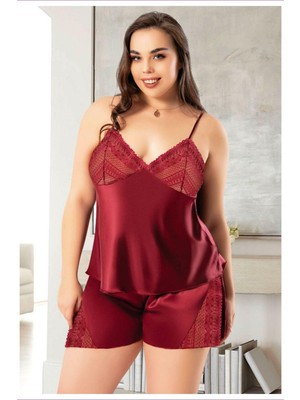 Miss Laris 4249 Bordo Büyük Beden Dantelli Saten Şortlu Gecelik