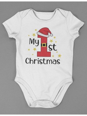 Sevbano My First Christmas ! Yazılı Pamuklu Yumuşak Unisex Çıtçıtlı Body Zıbın