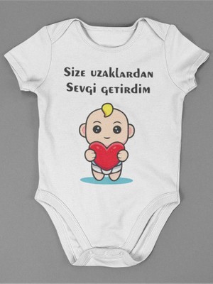 Sevbano Size Uzaklardan Sevgi Getirdim ! Yazılı Pamuklu Yumuşak Unisex Çıtçıtlı Body Zıbın