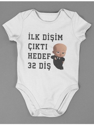 Sevbano Ilk Dişim Çıktı Hedef 32 Diş ! Yazılı Pamuklu Yumuşak Unisex Çıtçıtlı Body Zıbın