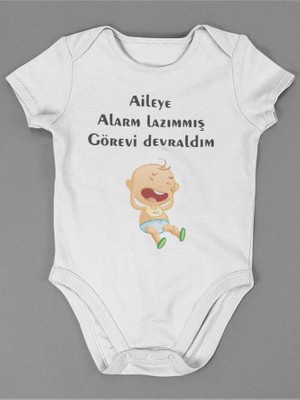 Sevbano Aileye Alarm Lazımmış Görevi Devraldım ! Yazılı Pamuklu Yumuşak Unisex Çıtçıtlı Body Zıbın