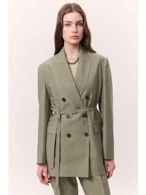 Tencel Kemerli Kruvaze Blazer Ceket Çağla