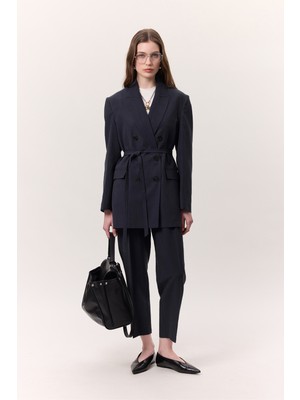 Tencel Kemerli Kruvaze Blazer Ceket Indigo