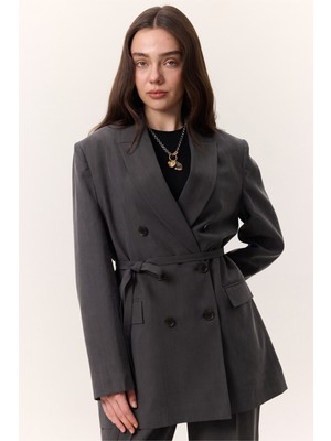 Tencel Kemerli Kruvaze Blazer Ceket Antrasit