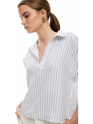 Koton Viskon Keten Karışımlı Gömlek Yaka Kolsuz Crop Bluz