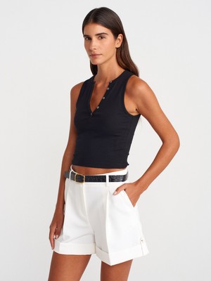 Dilvin 21005 Yıkama Efetkli Crop Top-Siyah