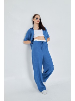 Beli Garnili Bağcıklı Keten Görünümlü Pantolon