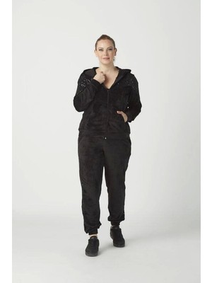 1927 Siyah Tam Kalıp Tarz Kapüşonlu Kadife Büyük Beden Eşofman Takımı