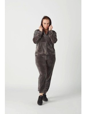 1927 Gri Tam Kalıp Tarz Kapüşonlu Kadife Büyük Beden Eşofman Takımı