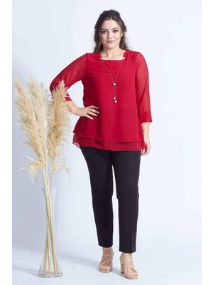 1934 Kolyeli Şifon Büyük Beden Şık Bluz Kırmızı
