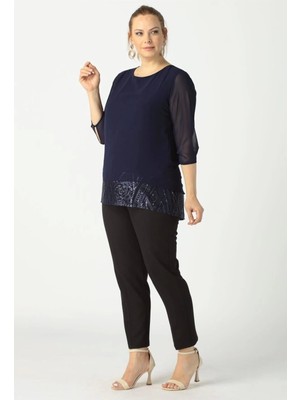 4046 Şifon Payet Dantel Kombinli Büyük Beden Şık Bluz Lacivert