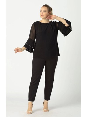 4043 Siyah Kolları Volanlı Esnek Şık Taşlı Büyük Beden Bluz