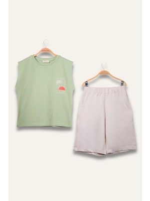 Erkek Çoçuk Sörf Baskılı Atlet Dizaltı Şort Takım - Yeşil