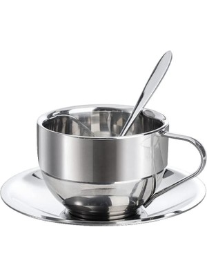 Chavin Çelik 3 Parça 180 ml Çift Cidarlı Espresso Kahve Fincan Seti Sunum Bardağı MT120