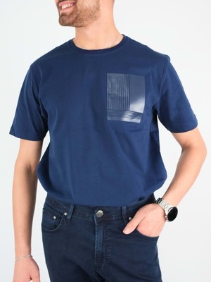 Sıfır Yaka Bisiklet Yaka Penye Likralı Lacivert Erkek Tshirt