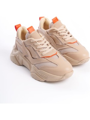 Flexstep Ortopedik Tabanlı Triko Spor Ayakkabı Bej Turuncu
