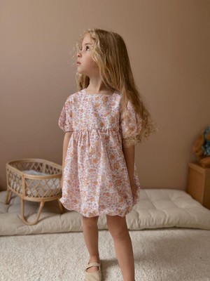 Cg Kids Çiçek Tasarımlı Sırtı Açık Ip Bagcıklı Balon Elbise Kız Çocuk