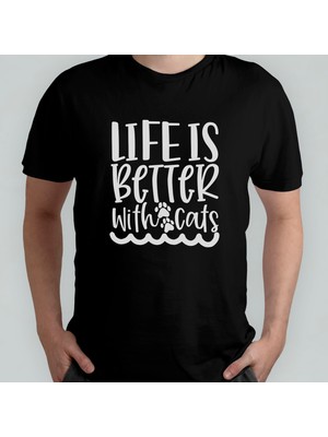 Pixxa Life Is Better With Cats Kedi Sever Unisex %100 Pamuklu Bisiklet Yaka T-Shirt