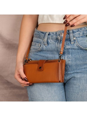 Kaycee Hakiki Deri Telefon Bölmeli Kadın Askılı Çanta - Kartlıklı Telefon Cüzdanı - Taba