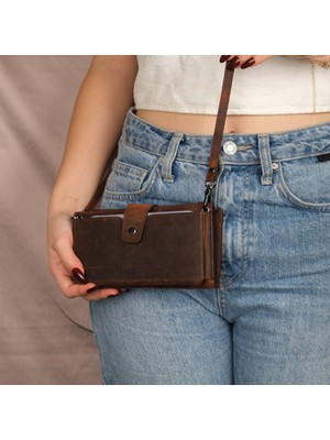 Kaycee Hakiki Deri Telefon Bölmeli Kadın Askılı Çanta - Kartlıklı Telefon Cüzdanı - Antik Kahve