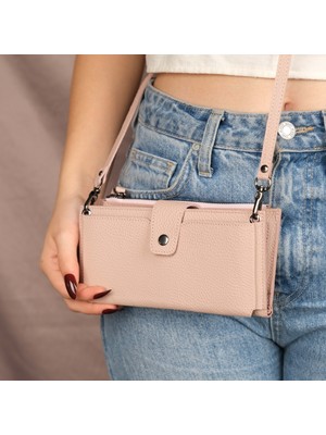 Kaycee Hakiki Deri Telefon Bölmeli Kadın Askılı Çanta - Kartlıklı Telefon Cüzdanı - Pembe