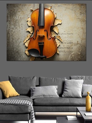 Eski Keman Nota Fonlu Dekoratif Kanvas - Mdf Ahşap Tablo