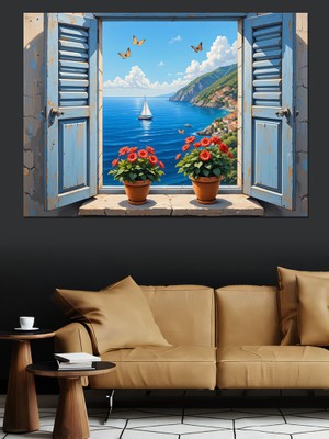 Deniz Manzaralı Açık Pencere Dekoratif Kanvas - Mdf Ahşap Tablo