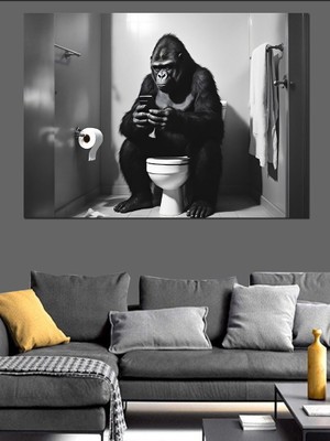 Tuvalette Telefon Bakan Goril Dekoratif Kanvas - Mdf Ahşap Tablo