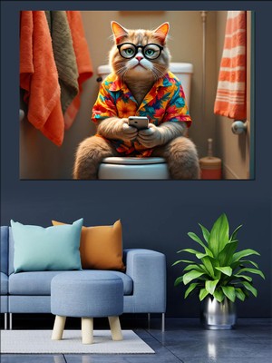 Hawaii Gömlekli Tuvalette Kedi Dekoratif Kanvas - Mdf Ahşap Tablo