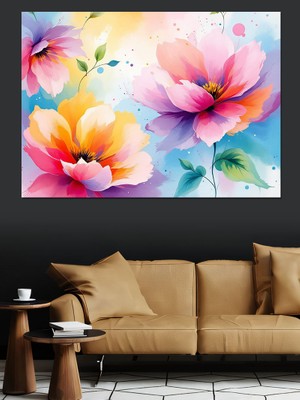 Renkli Sulu Boya Çiçekler Dekoratif Kanvas - Mdf Ahşap Tablo