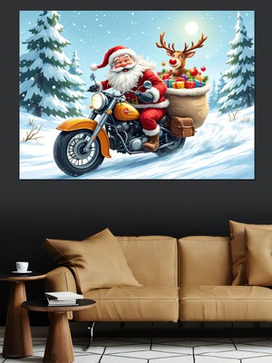 Motosikletli Noel Baba Dekoratif Kanvas - Mdf Ahşap Tablo
