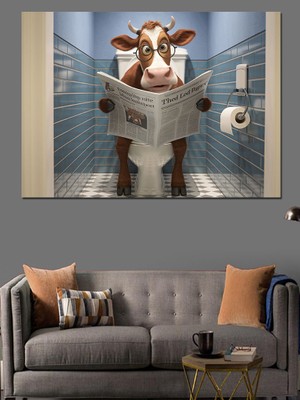 Tuvalette Gazete Okuyan Inek Dekoratif Kanvas - Mdf Ahşap Tablo