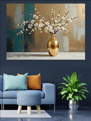 Altın Vazo Beyaz Çiçek Dekoratif Kanvas - Mdf Ahşap Tablo