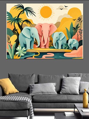 Fil Temalı Düz Illüstrasyon Dekoratif Kanvas - Mdf Ahşap Tablo