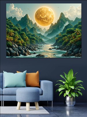 Altın Güneşli Dağ Manzarası Dekoratif Kanvas - Mdf Ahşap Tablo