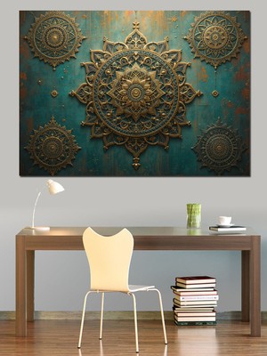 Altın Kabartmalı Mandala Motifi Dekoratif Kanvas - Mdf Ahşap Tablo