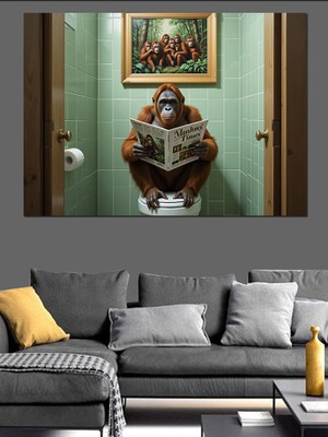 Tuvalette Gazete Okuyan Goril Dekoratif Kanvas - Mdf Ahşap Tablo