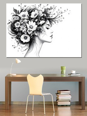Çiçeklerden Saçlı Siyah Beyaz Kadın Dekoratif Kanvas - Mdf Ahşap Tablo