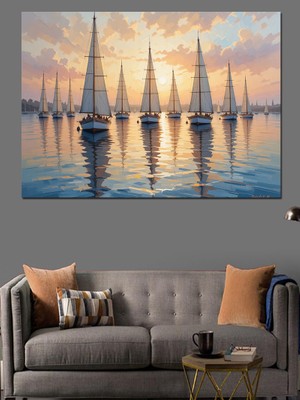 Yelkenlilerle Deniz Gün Batımı Dekoratif Kanvas - Mdf Ahşap Tablo