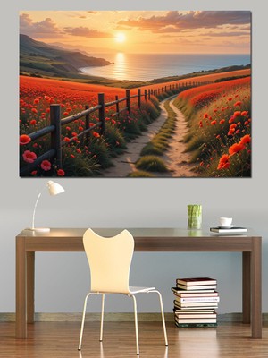 Gün Batımında Kırmızı Yol Dekoratif Kanvas - Mdf Ahşap Tablo