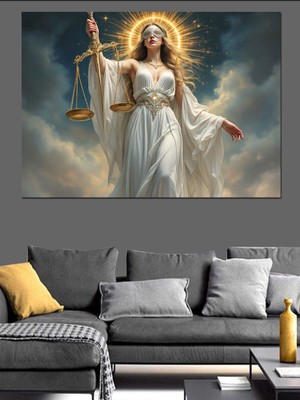 Adalet Heykeli Işıklar Içinde Dekoratif Kanvas - Mdf Ahşap Tablo